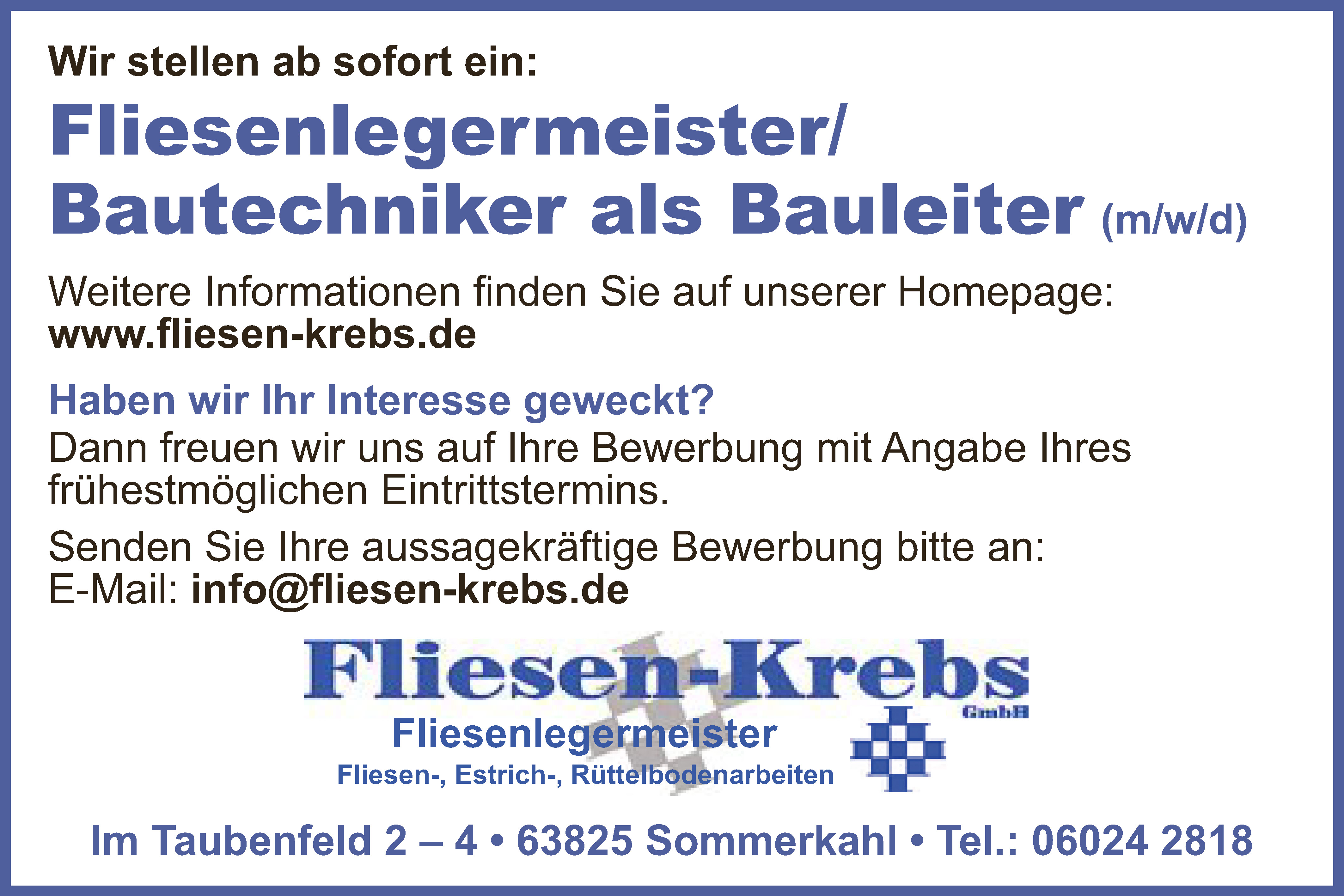 Fliesen Krebs GmbH - Bauleiter - Karriere